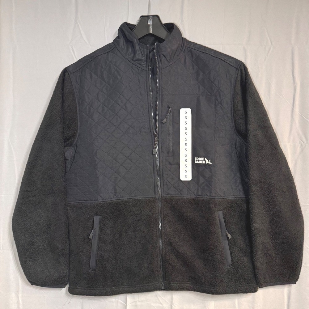 Eddie Bauer Mens Mixed Media Fleece Jacket Black Full Zip Quilted Size Small NEW